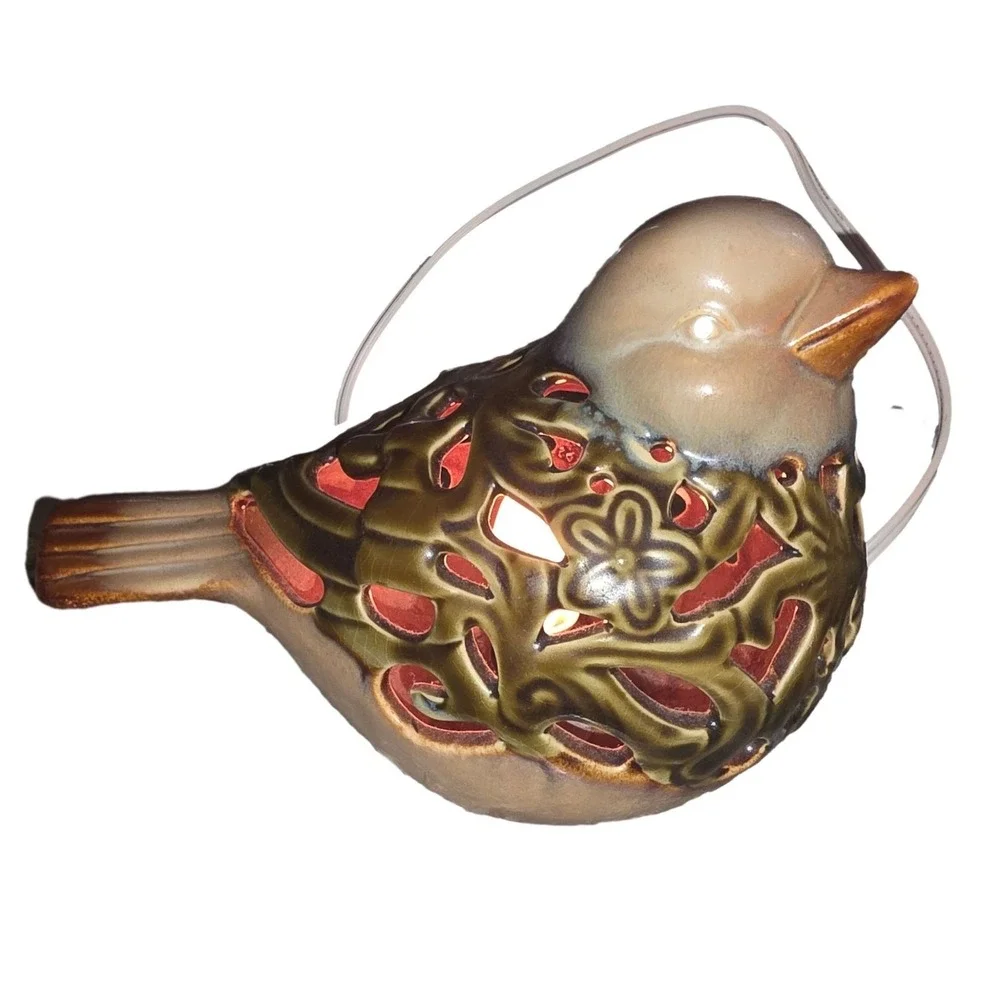 Ceramic Bird Tealight Candle Holder Cutout Glazed Figurine Lantern